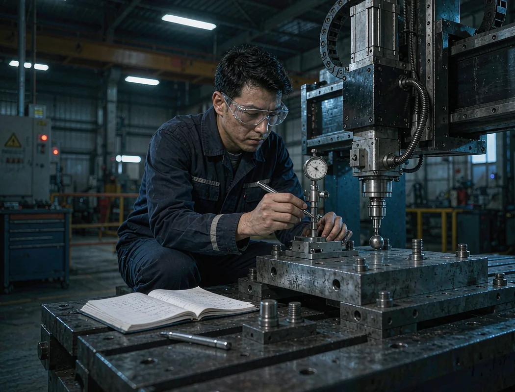 工程师用百分表测量搬运机械手停位散布